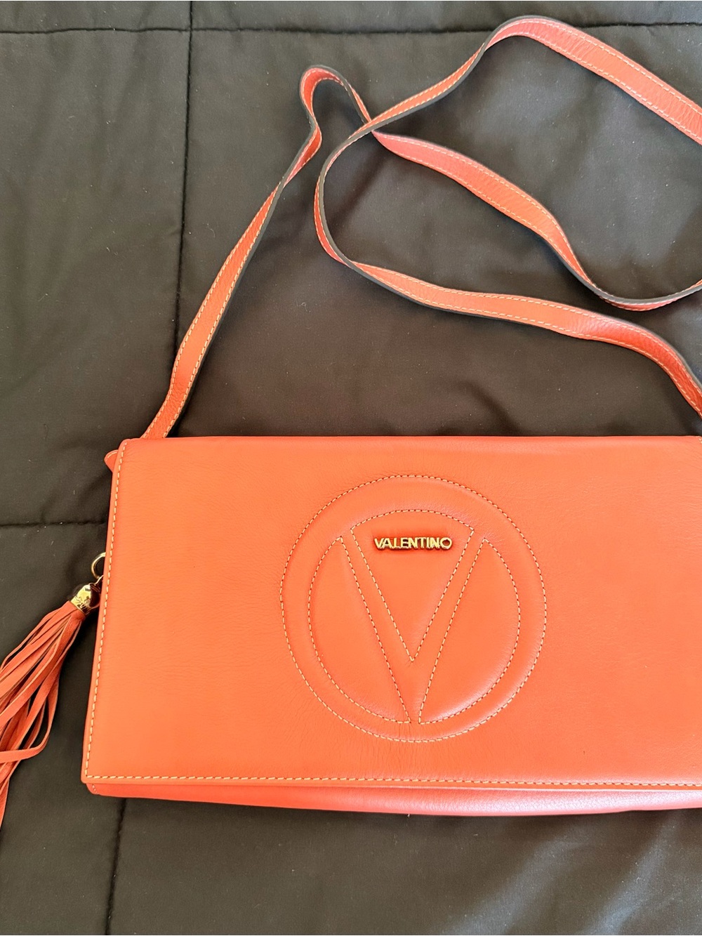 Valentino Burnt Coral-Orange Leather Crossbody Bag with Tassel